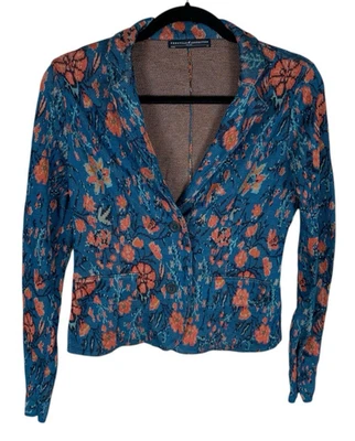 Peruvian Connection Teal Floral Pima Cotton Freesia Knit Jacket Cardigan Size XS - Image 1 of 4