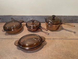 8 Piece Pyrex AMBER Vision Ware VISIONS Brown Glass Cookware Pot Sauce Lids - Picture 1 of 7