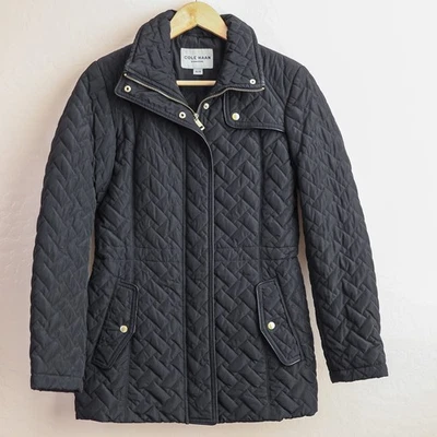 Cole Haan Signature Quilted Jacket XS Black Faux Leather Trim Zip Snap Coat - Image 1 of 4