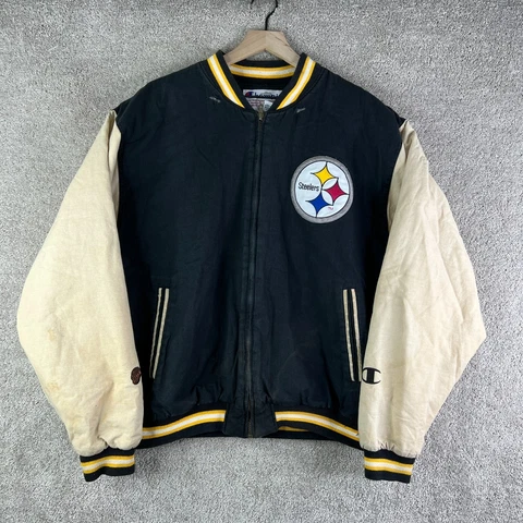 VINTAGE Pittsburgh Steelers Jacket Mens Large Black Champion Coat Varsity 90s Cover