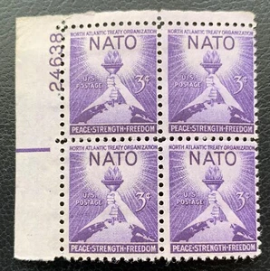 1952 US SCOTT#1008 NATO LIBERTY TORCH GLOBE ISSUE 3C PLATE BLOCK OF 4 MNH OG VF - Picture 1 of 2