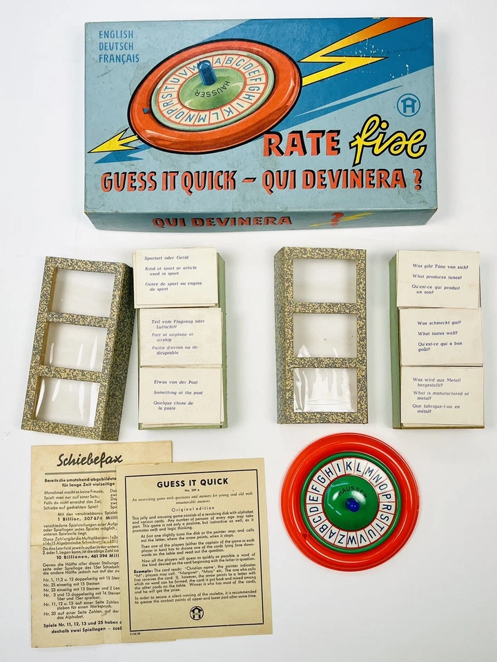Vintage 1950er Rate Fix GUESS IT QUICK Quizspiel Englisch Niederländisch Französisch KOMPLETT EUC - Bild 1 von 4