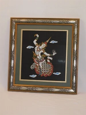 Pintura vintage sobre seda tailandesa asiática bailando arte de pared enmarcado cuadrado de 16" Foto 1 de 4