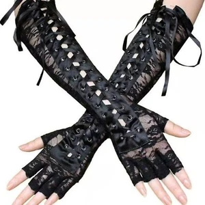 Lace Up Stretch Fingerless Gloves | Women Gothic Punk Wedding Costume Black #824 - Picture 1 of 6