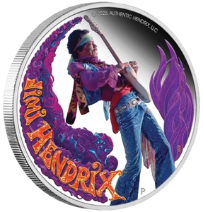 Tuvalu 2025 P Jimi Hendrix 1oz Silver Proof Coloured Coin - Bild 1 von 5