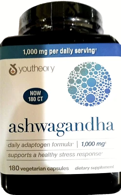 Youtheory Ashwagandha 1000 mg 180 Vegetarian Capsules EXP 05/2026 - Image 1 of 4