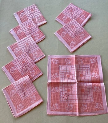 Linge ancien, 8 serviettes de table anciennes damassés rouge monogramme FC - Photo 1/4