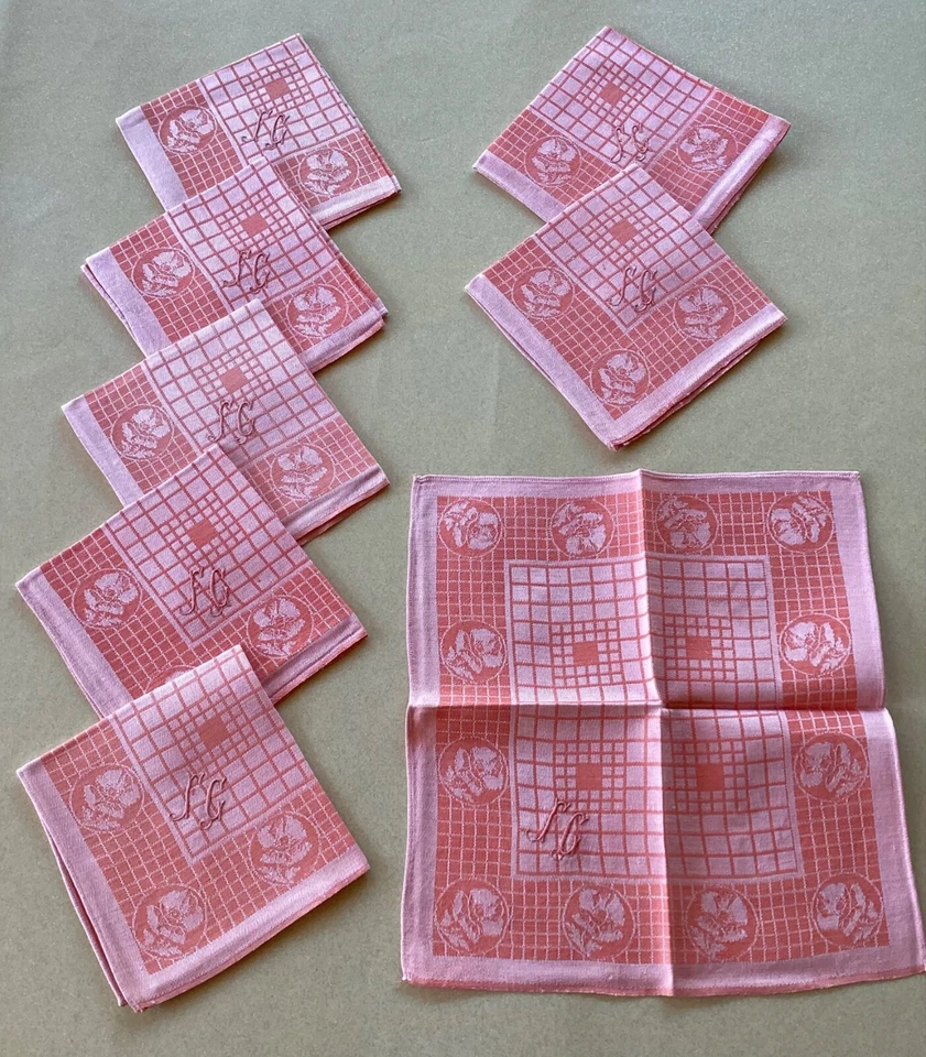 Linge ancien, 8 serviettes de table anciennes damassés rouge monogramme FC - Photo 1/4