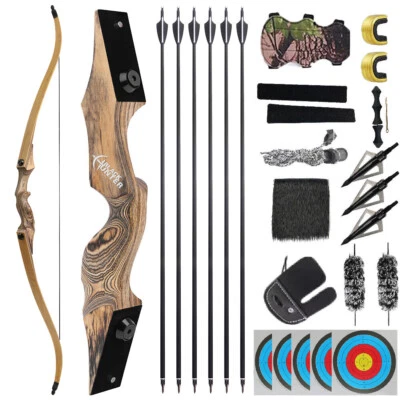 60" Recurve Bow Bamboo Carbon Arrows Set 20-60lbs Takedown Archery Hunt Shooting - Image 1 of 4