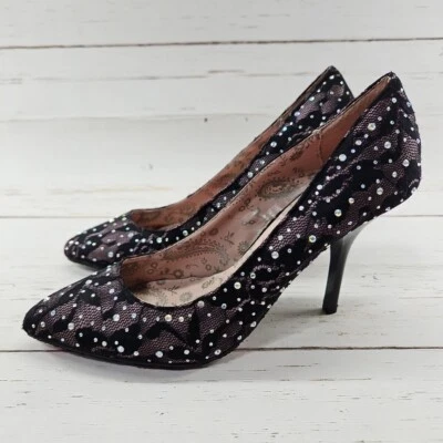 Туфли-лодочки Betseyville от Betsey Johnson размер 7 черные розовые кружевные со стразами с украшениями - Изображение 1 из 4