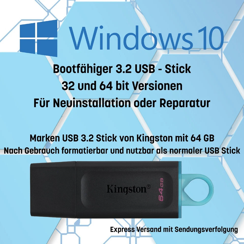 Windows 10 Pro Boot Stick 64GB Kingston für Neuinstallation oder Reparatur NEU - Bild 1 von 1