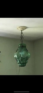 Handblown Murano Green Caged Glass Hanging Light Fixture - Vintage - Picture 1 of 5