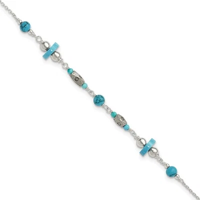 925 Sterling Silver Antiqued Turquoise Beaded Anklet 9" 2.43gm - Image 1 of 4