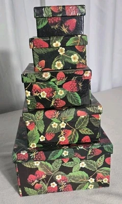Vintage Set of 5 Square Nesting Boxes Strawberries Hobby Lobby Price Tags - Image 1 of 4