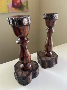 Vintage Beautiful Burlwood Rustic Wood Candlestick Holders Taper Candle Pair - Picture 1 of 7