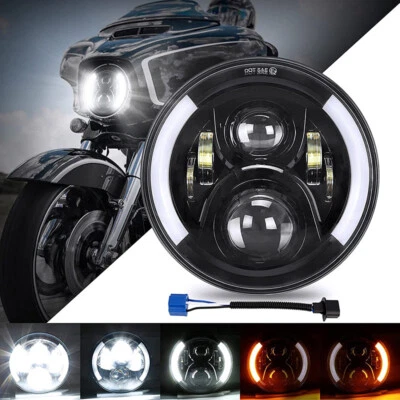 Fit for Harley-Davidson Honda Yamaha Motorcycle 7" LED Headlight Halo Hi Lo Beam - Imagem 1 de 4
