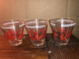 Set Of 3 Red Rooster Vintage Hazel Atlas Libbey Juice Glass Shot Red & White 3" - Picture 1 of 9