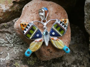 Handcrafted Butterfly Sterling Silver 925 Gemstone Micro Inlay Large Pendant J6 - Picture 1 of 9