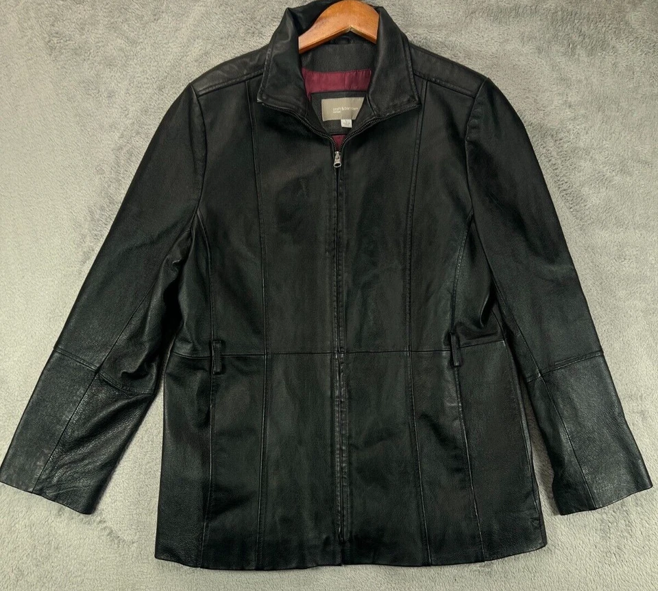 Jaqueta de Couro Croft Barrow Feminina Preta Grande Cetim Forrado Borgonha Casaco com Zíper - Imagem 1 de 4