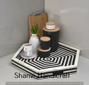 Handcrafted Bone Inlay Hexagon Shape Tray, Perfect for Modern Kitchen Decor Tray - Picture 1 of 26