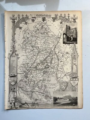 Mapa antiguo de Bedfordshire 1848 grabado Thomas Moule Barclay's Dictionary Foto 1 de 4