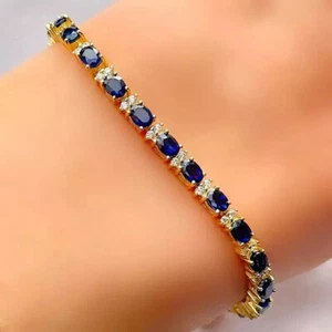 10Ct Blue Oval Cut Sapphire & Diamond Tennis Link Bracelet 14KYellow Gold Plated - Picture 1 of 8