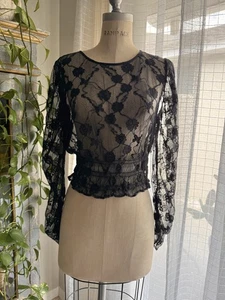 Y2K Dark Romantic Sheer Lace Top Whimsigoth Gothic Fairy Mesh Stretchy Size M - Picture 1 of 7
