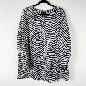 Tahari Linen Tunic Top Womens 1X Roll Tab Button Front Zebra Coastal Lagenlook - Picture 1 of 12
