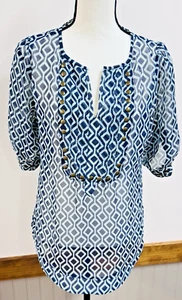 41 HAWTHORN Women's Tunic Top Chiffon Blue White  3/4 Sleeve Embellished Small - Picture 1 of 23