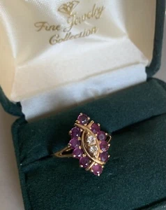 Vintage 14K Yellow Gold Rubies & Diamonds Cocktail Ring Size 7 - Picture 1 of 8