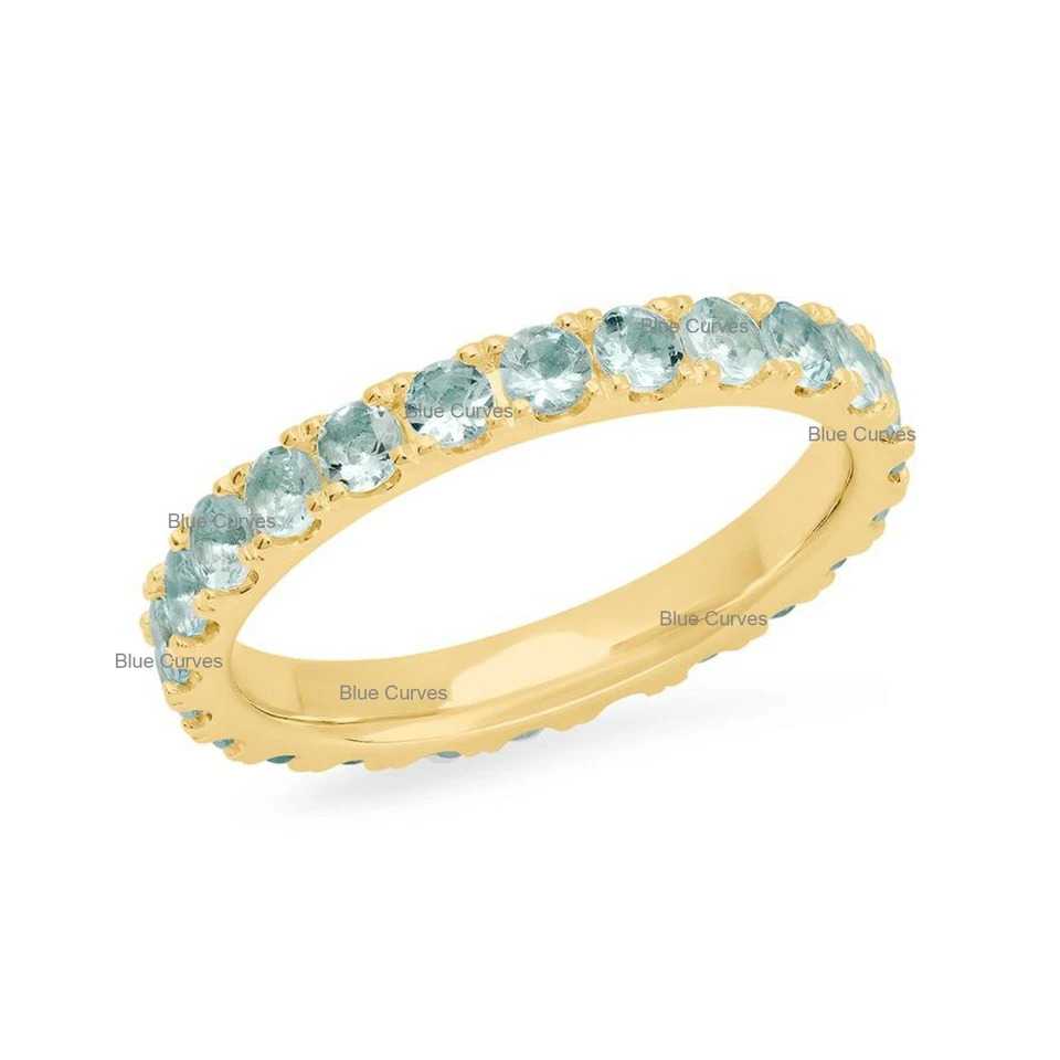 Anel de banda delicada genuíno 2 mm água-marinha eternidade total em ouro rosa 18k EUA 3-8 - Imagem 1 de 2