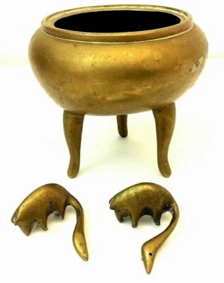 Antique Old Bronze Metal Chinese China Oriental 3 Legged Censer Handles Parts  - Image 1 of 4