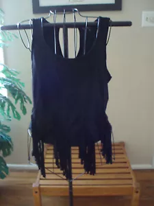 Almost Famous Black Fringed Front Open Upper Back Top Juniors-Small-Med-Lar-NWOT - Picture 1 of 8