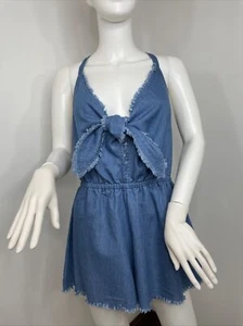 Mustard Seed Blue Denim Romper Medium, with front tie closure Frayed  Edges - Picture 1 of 12