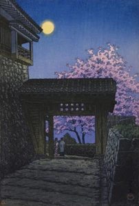 Japanese Woodblock Print, Cherry Blossom and Moon, Matsuyama Castle KAWASE HASUI - Picture 1 of 2