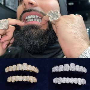 White Gold Hip Hop Grills Top&Bottom Set 5A+ ICED CZ Out Teeth Grillz 10 Teeth - Picture 1 of 13