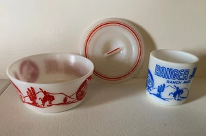Vintage Ranger Joe Ranch Hazel-Atlas Milk Glass - Bowl, Mug, Rare Lid - Ex Cond - Picture 1 of 16