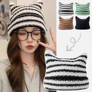 Cute Cat Ears Striped Knitted Hat Japanese Style Warm Wool Cap Women D3P7 - Picture 1 of 23