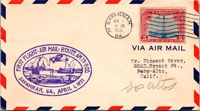 UNITED STATES 1931 CACHET FIRST FLIGTH AIRMAIL COVER CANC SAVANNAH ADDR CA - Image 1 of 2