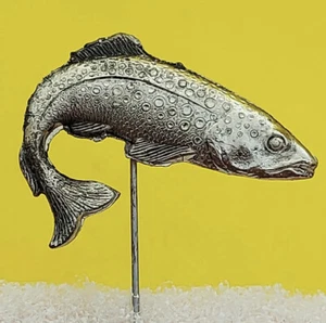 Fish vintage badge, pin, lapel, metal silver tone badge Trout Fishing Fisherman - Picture 1 of 2