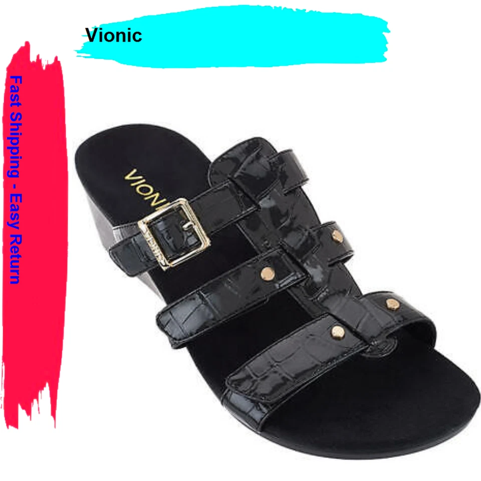 Vionic Orthotic Adjustable Triple Strap Slide Wedges - Radia Black 12 M