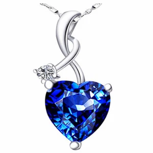 Women Pendant Necklace Sterling Silver Heart Simulated Blue Sapphire Birthstone - Picture 1 of 8