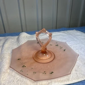 Vtg Depression Glass Sandwich Dessert Server Frosted Pink Hand Painted 8 sided - Picture 1 of 4