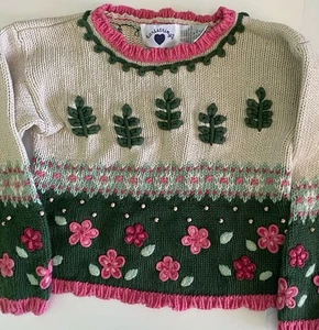 HARTSTRINGS Girls 5-6 Sweater TOP, Knit with Appliques Beads, Woodland Cottage - Picture 1 of 5
