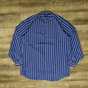 Vintage J Peterman Button Up Shirt Mens Large Banded Collarless Blue Stripe - Picture 1 of 7
