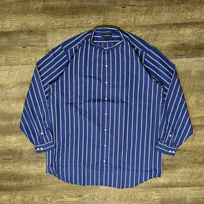 Vintage J Peterman Button Up Shirt Mens Large Banded Collarless Blue Stripe - Image 1 of 4