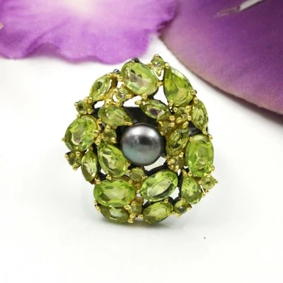 925 Sterling Silber Schwarze Perle Edelstein Natürlicher Peridot Ring Schmuck... - Bild 1 von 4