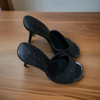 Sexy lentejuelas de aguja formal DKNY Peep Toe punta abierta tacón negro talla 7,5 Foto 1 de 4