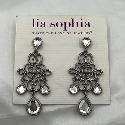 Lia Sophia "Ethereal" Etched Design Silver Earrings w/Cut Crystal Stones NIB - Image 1 of 4