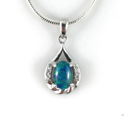 Ciondolo collana opale in argento sterling 925 con zirconi cubici, regalo, op... - Immagine 1 di 4